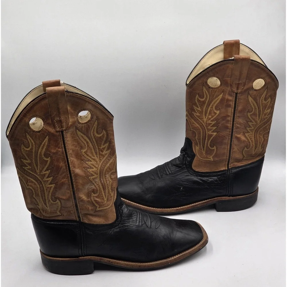 Old West BSY1810 Youth Western Boots Black Tan Calf Leather Square Toe Sz 7